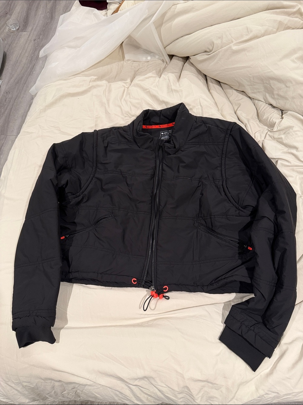 Black Cropped Lightweight Jacket with Red Accents